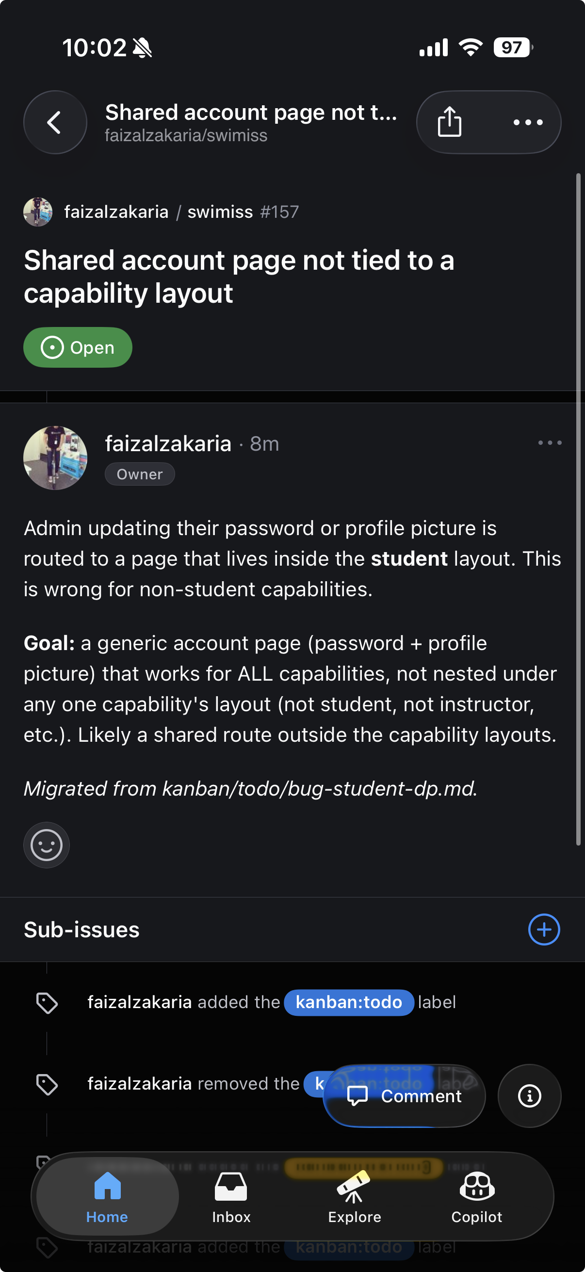 A Swimiss issue on the GitHub mobile app, open with the kanban:todo label being added