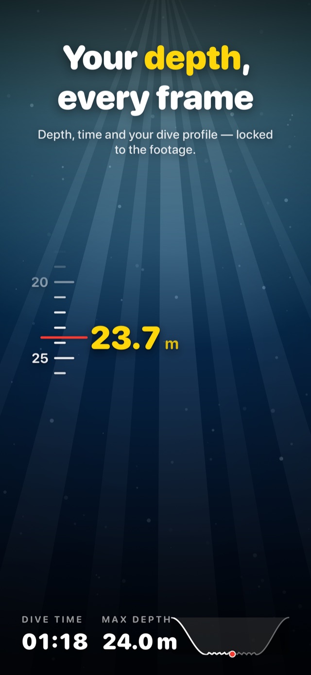 The DiveCut depth gauge HUD over a dive, a centered depth tape with fading ticks, a red marker at 23.7 m, a bold yellow depth readout, and a bottom bar showing 01:18 dive time and 24.0 m max depth with a small dive profile graph