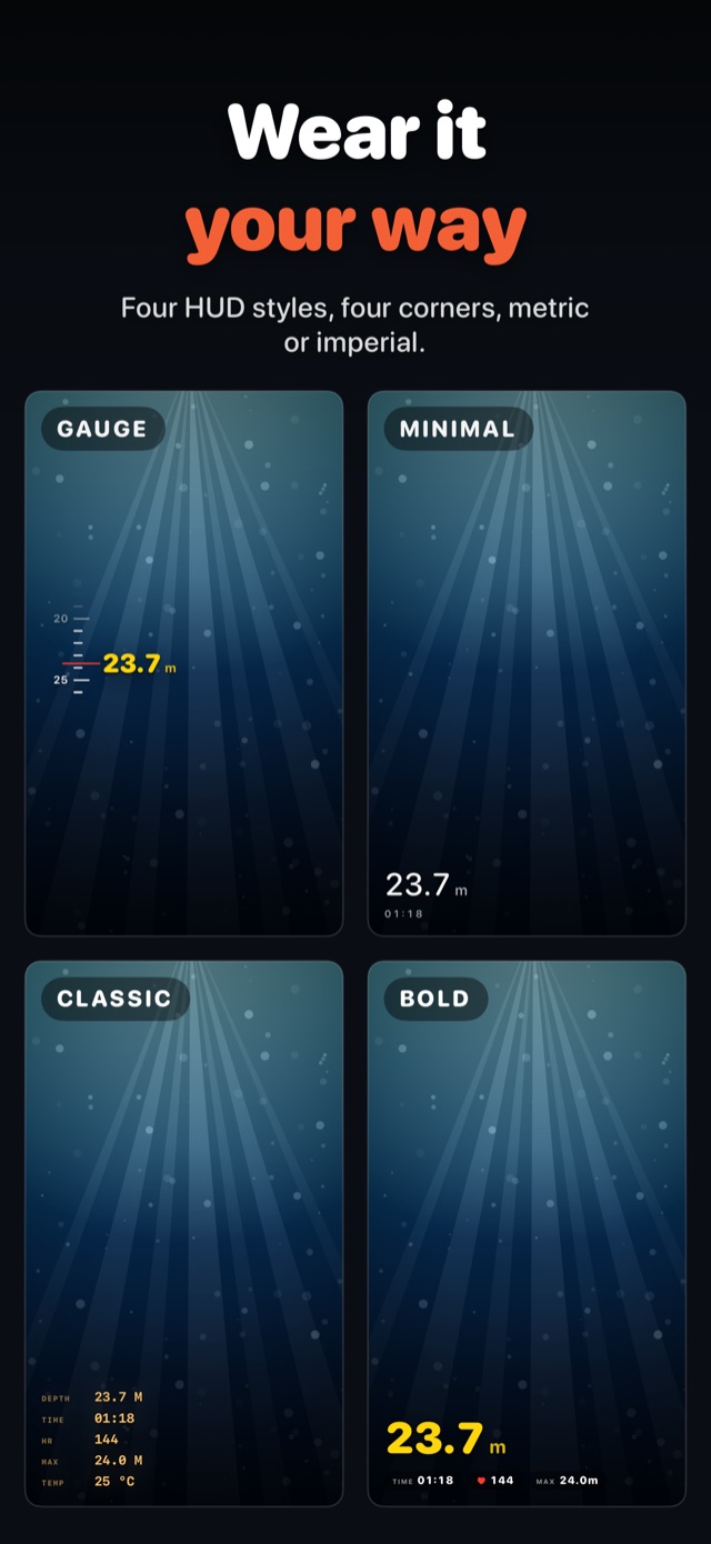 Four HUD styles shown one per tile, Gauge with a depth tape, Minimal with a plain depth readout, Classic with a compact data table of depth time HR max and temp, and Bold with a large yellow depth number and an info bar