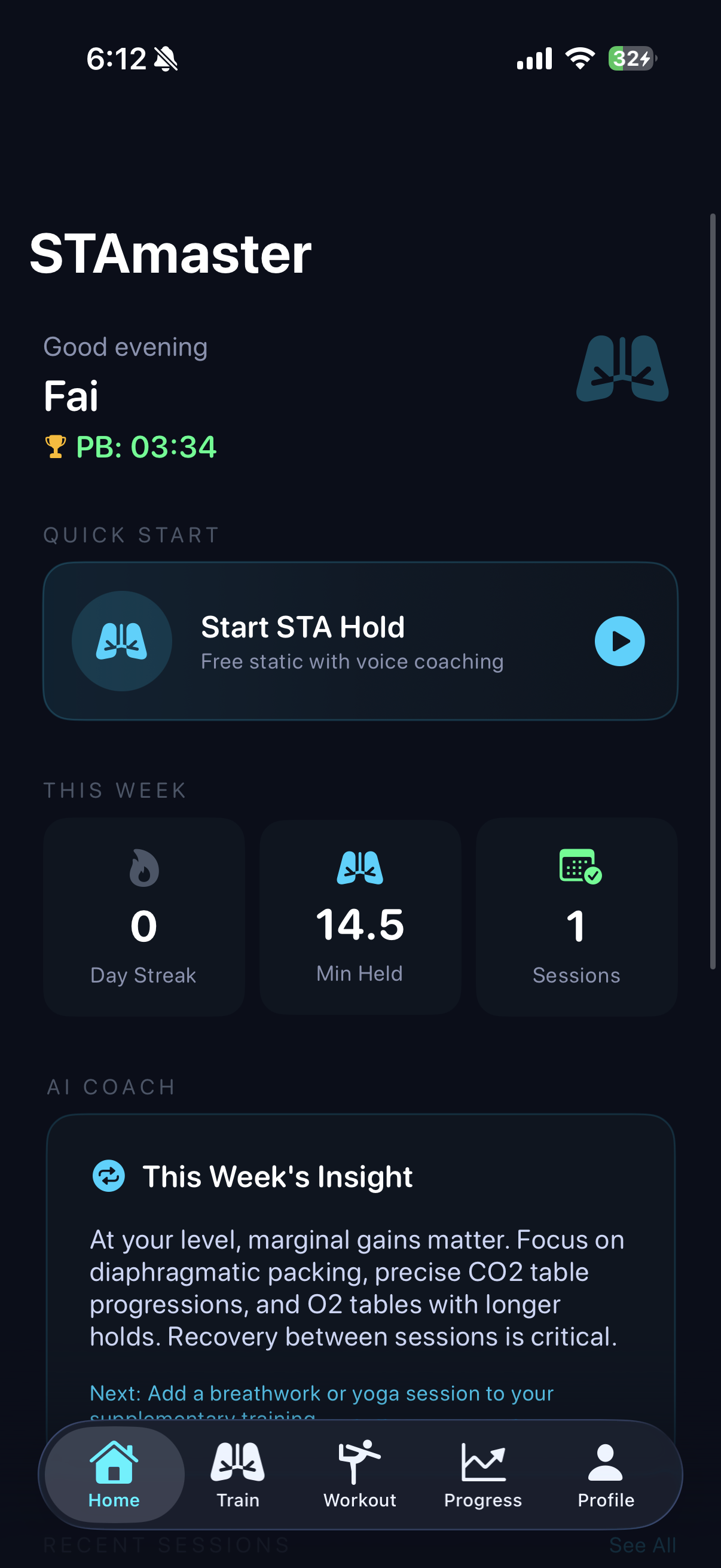 STAmaster home screen, a 03:34 personal best above a one tap STA hold, with the AI coach's weekly insight calling out diaphragmatic packing, precise CO₂ table progressions, and longer O₂ holds